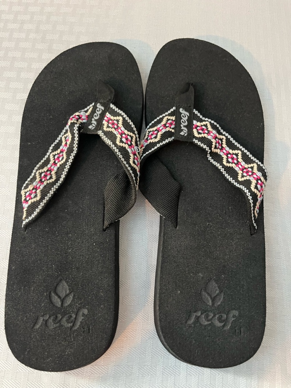 Reef Women’s Black Sandals with Pink and Cream Woven Detail